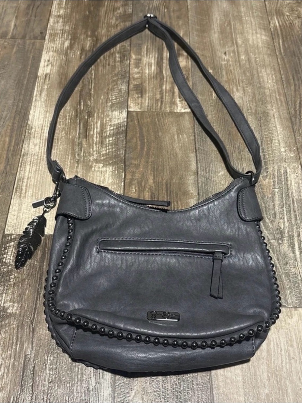 Charcoal Grey Shoulder Bag with Bead Trim - Unknown Brand